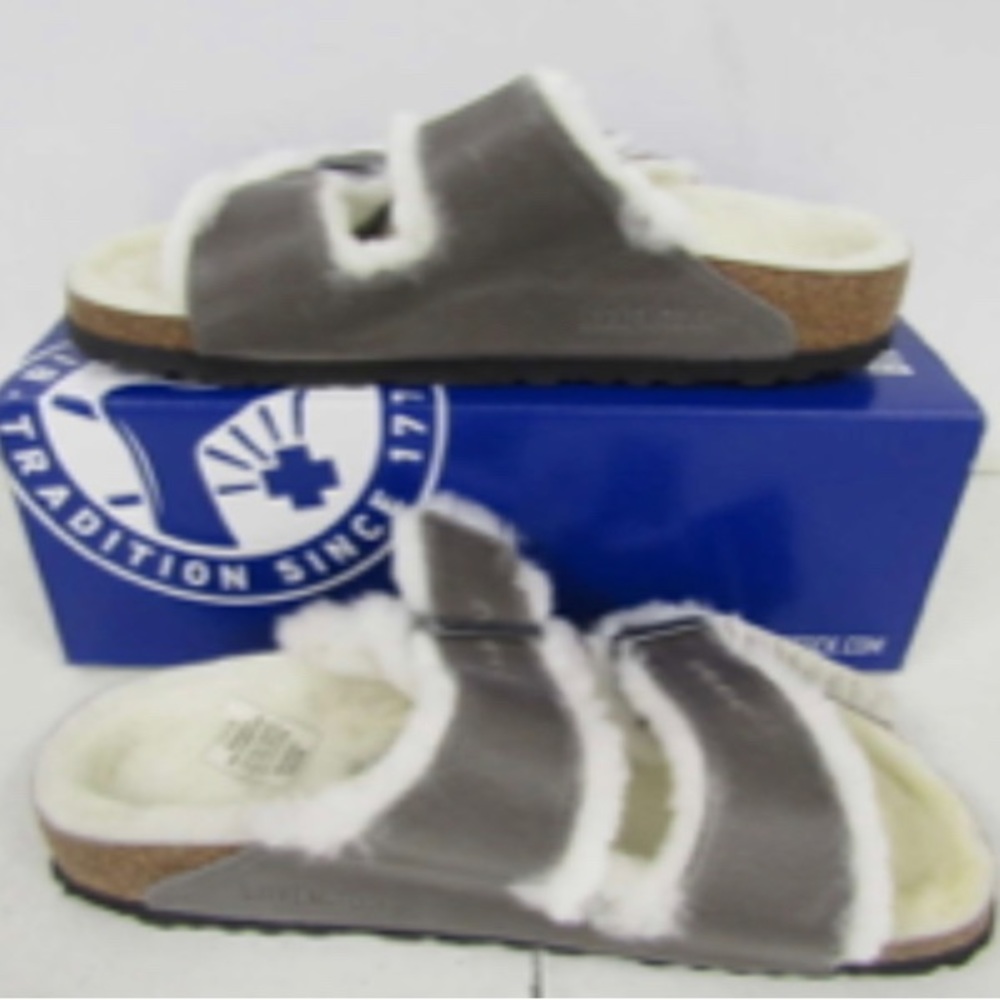 NIB Birkenstock Women's US 9 Arizona Shearling  Leather Buckle Sandals In Iron